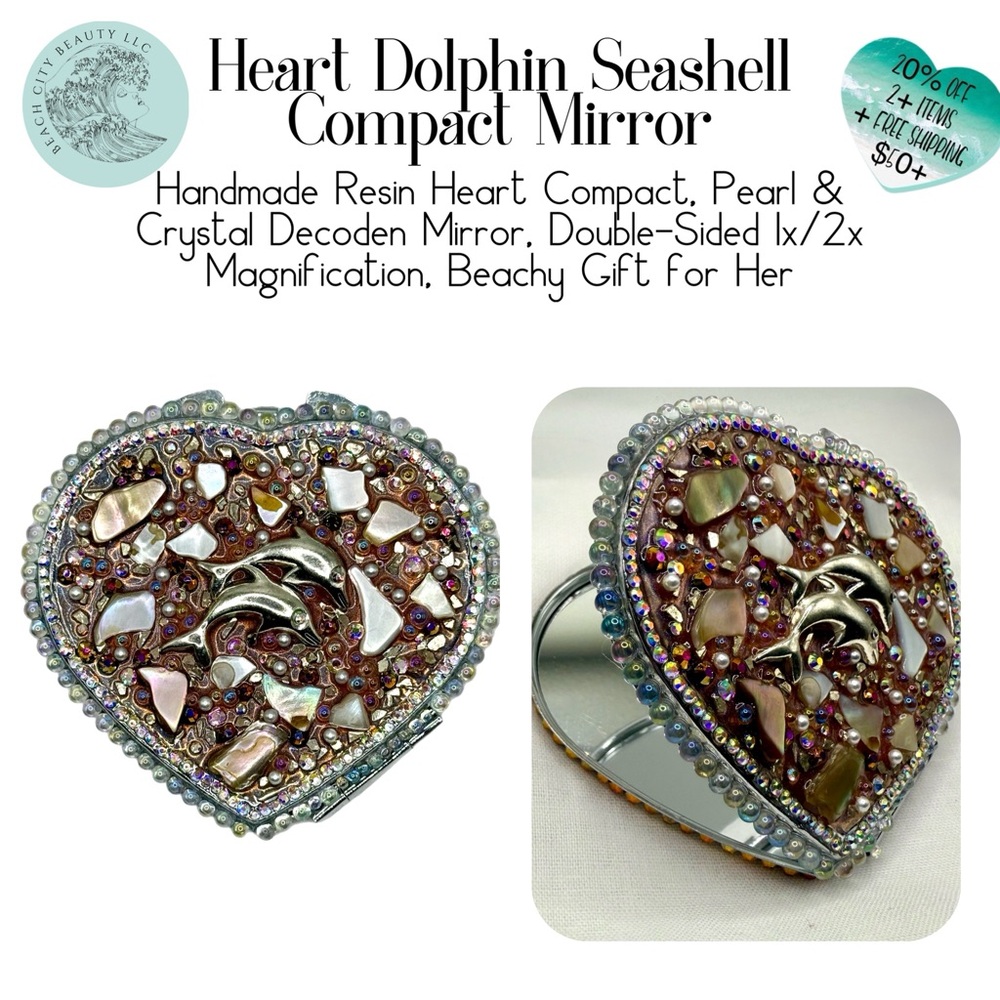 Heart Dolphin Seashell Compact Mirror Double-Sided 1x/2x Magnification